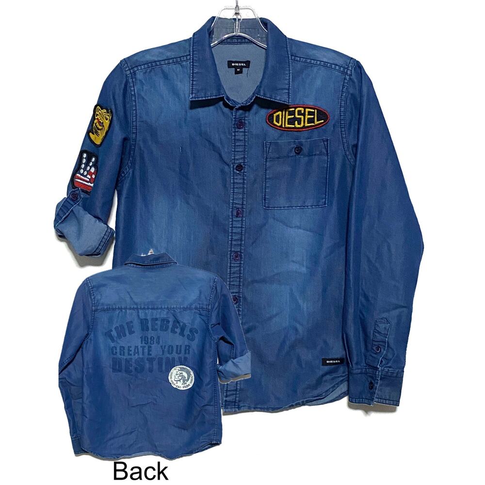 Diesel The Rebels Only The Brave Patches Blue Mechanic Button Shirt Boys M Y2K